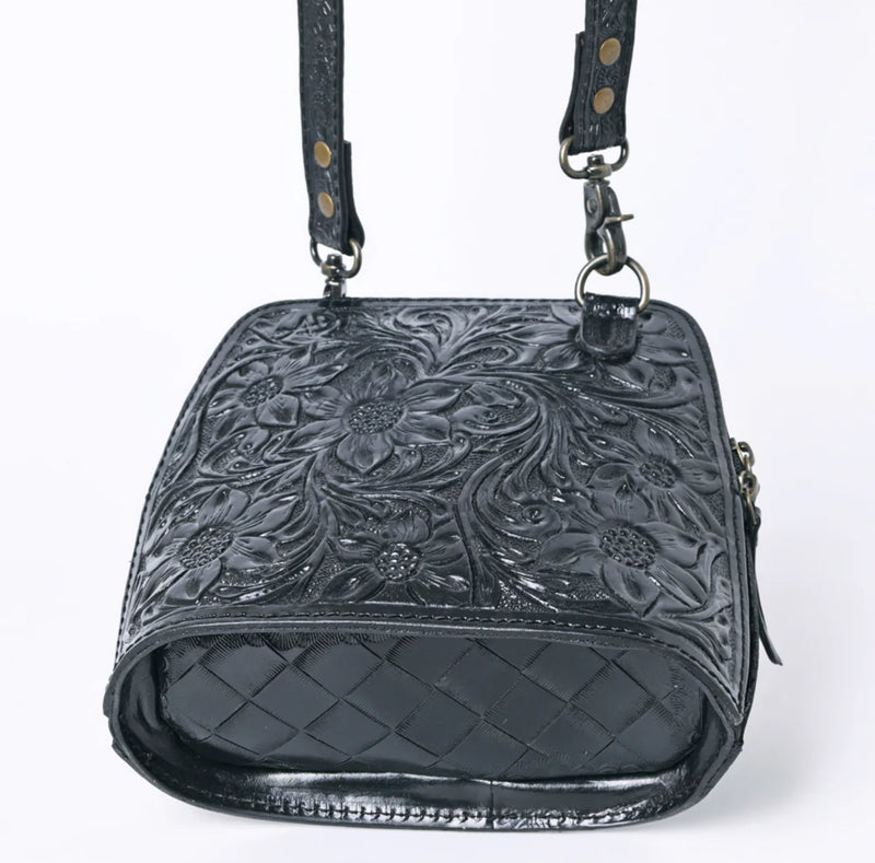 Black Tooled Leather Crossbody