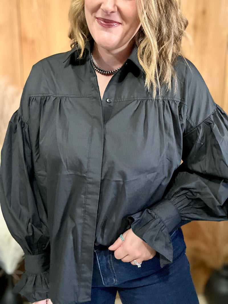 Black Puff Sleeve Button Down Top