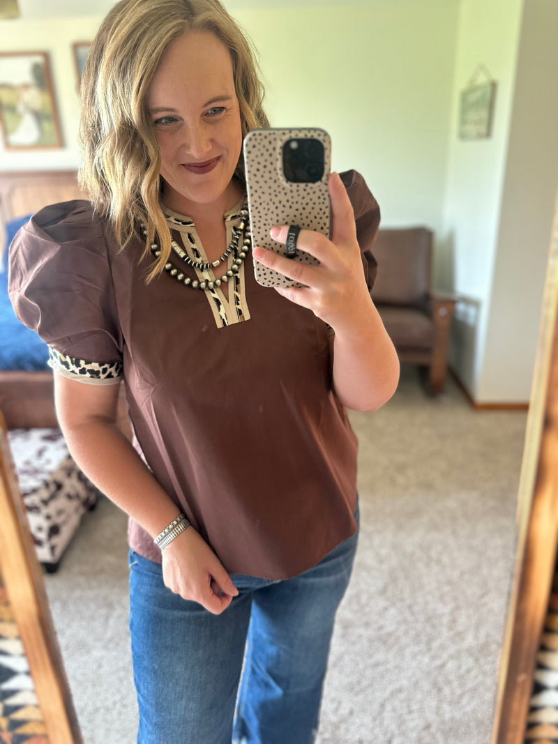 Leopard Trim Puff Sleeve Top - Brown