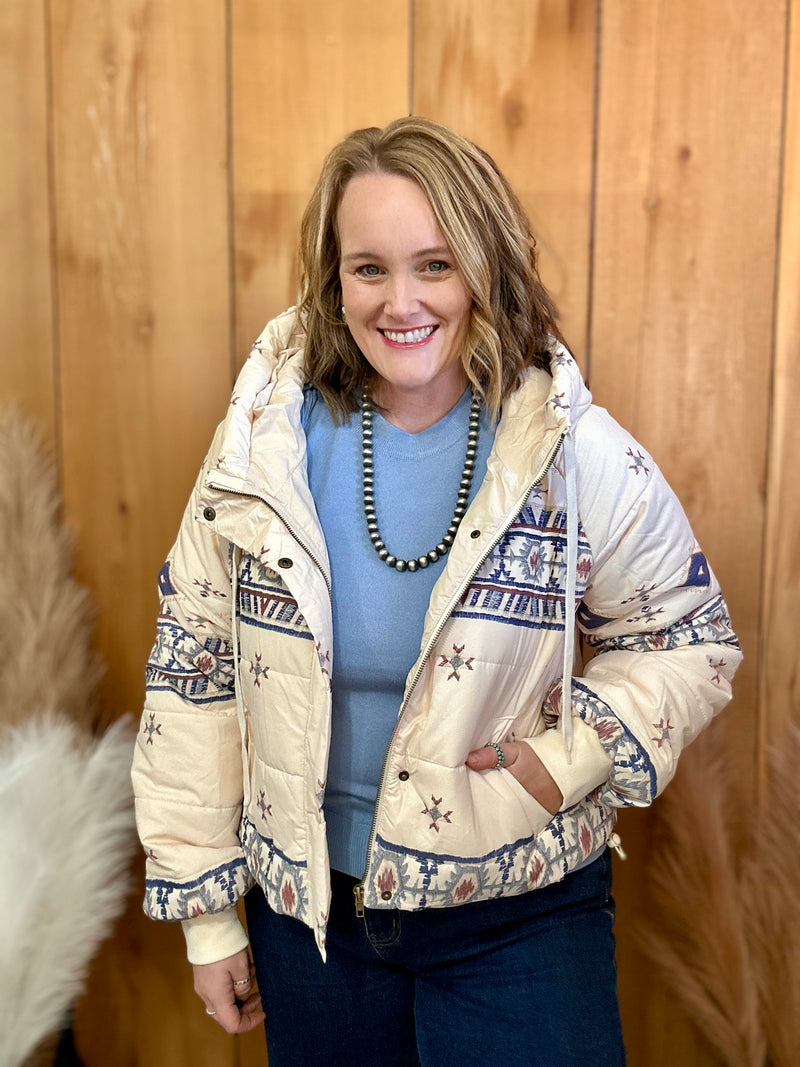 Aztec Puffer Hooded Jacket - Cream