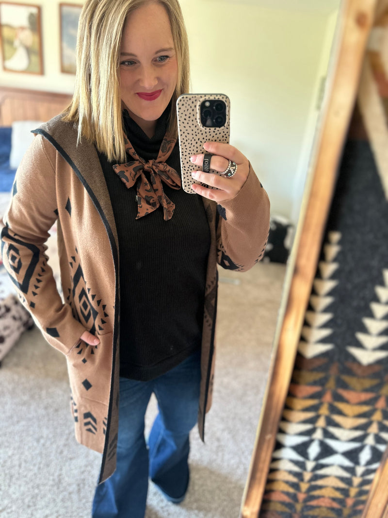 Tan / Black Aztec Hooded Cardigan