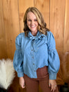 Denim Balloon Sleeve Bow Tie Top
