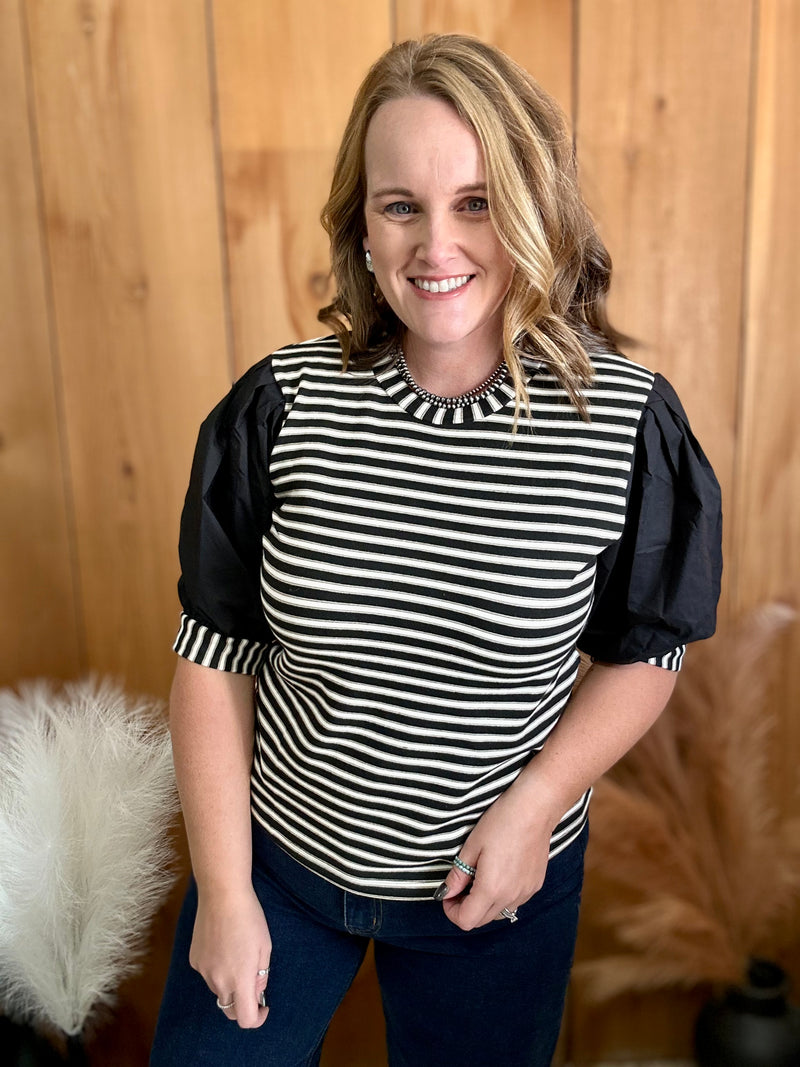 Black Puffed Sleeve Stripe Top