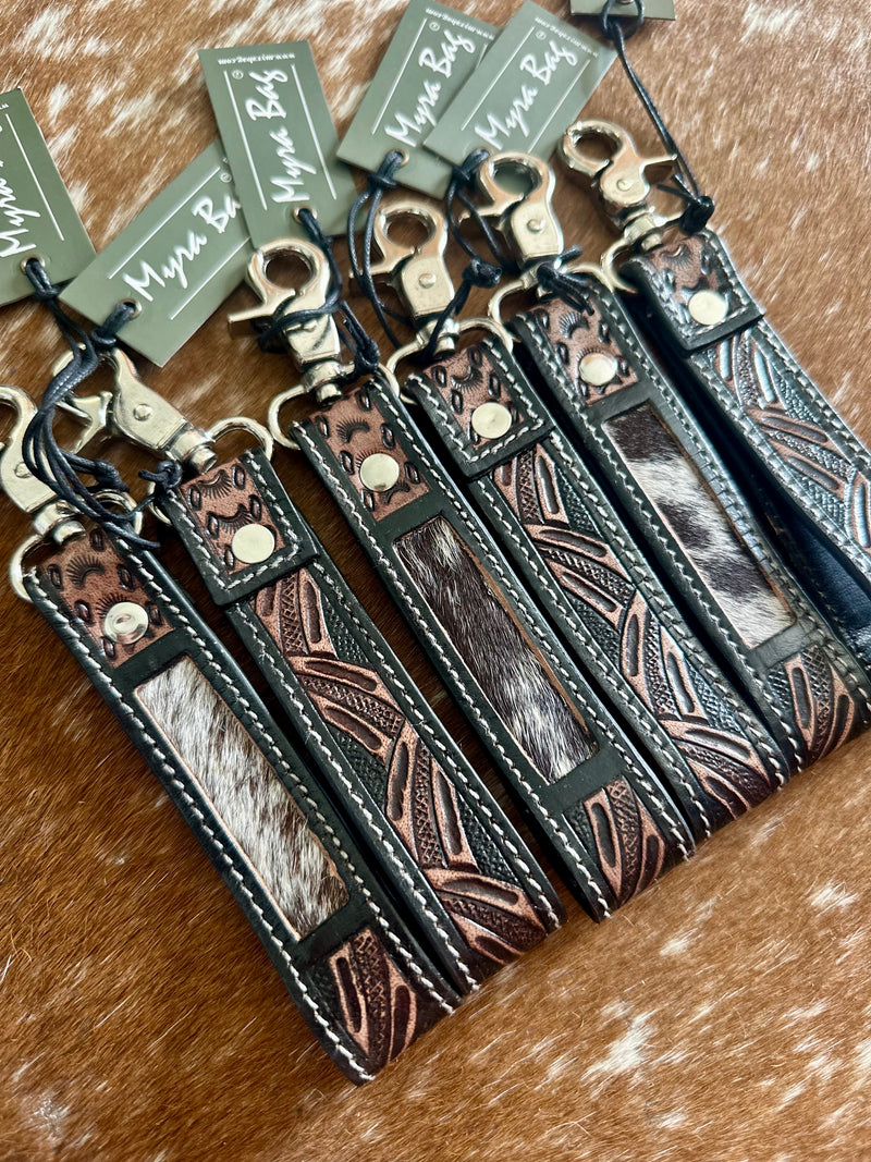 Brown/BlackTooled Leather & Cowhide Keychain - 6”