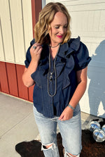 Denim Ruffle Button Down Top