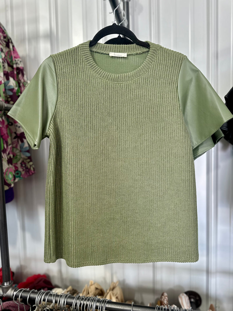 Pleather Sleeve Top - Olive