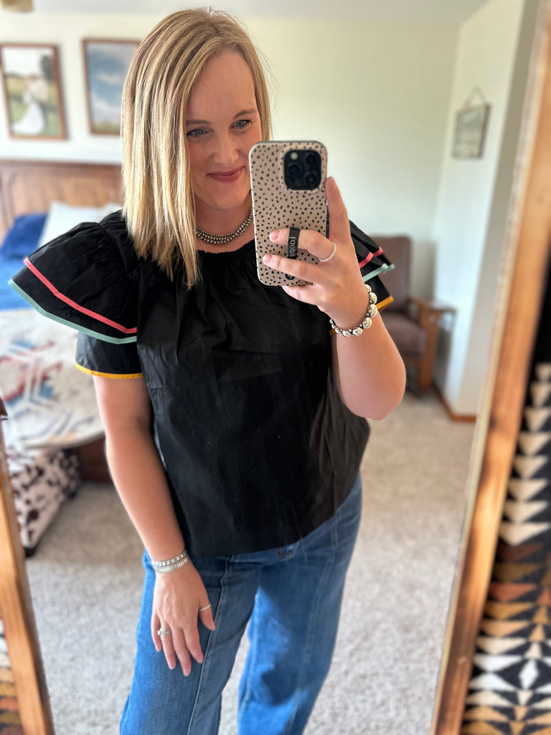 Black Multi Color Tier Sleeve Top
