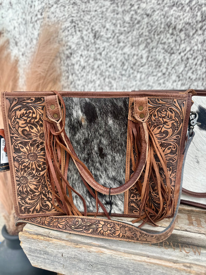 Black Cowhide / Tooled Leather Tote