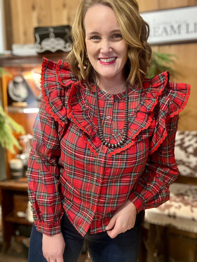 Plaid Ruffle Shoulder Top