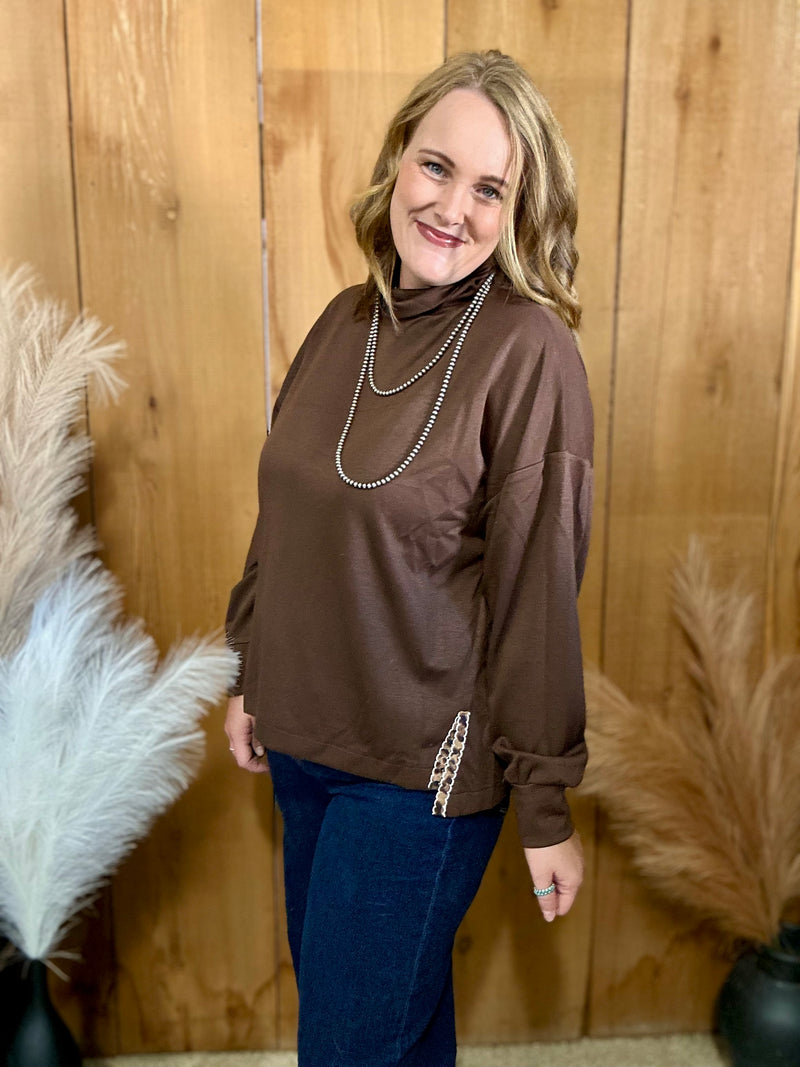 Brown Mock Neck Top with Leopard Slits