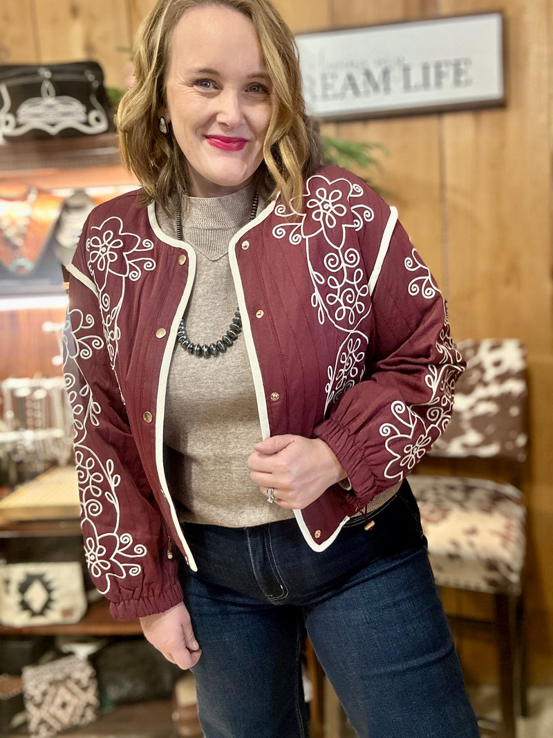Burgundy Embroidered Quilted Jacket