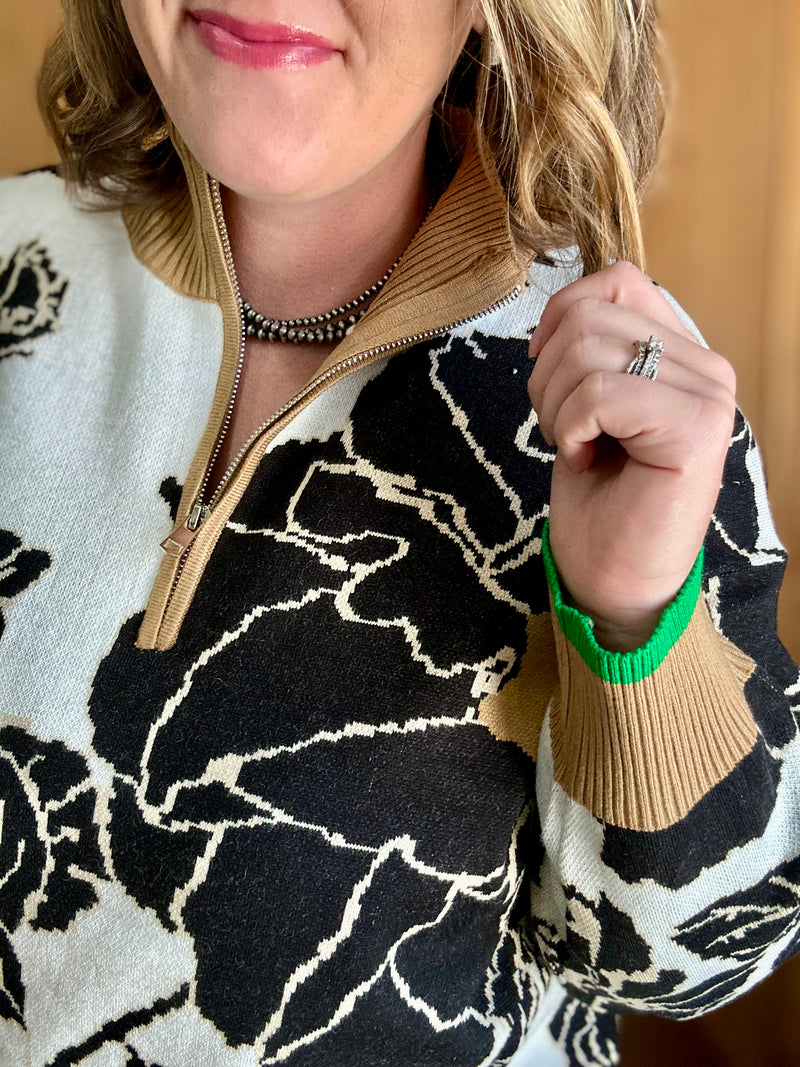 Floral 1/4 Zip Pullover Sweater