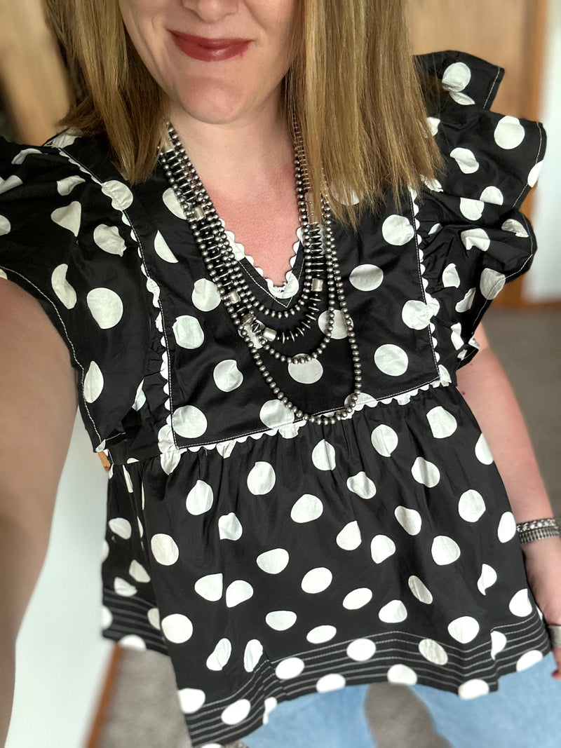 Black Polka Dot Flutter Sleeve Top