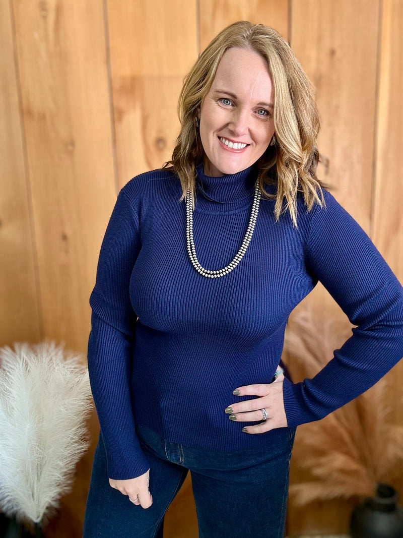 Ribbed Turtleneck Sweater - Navy