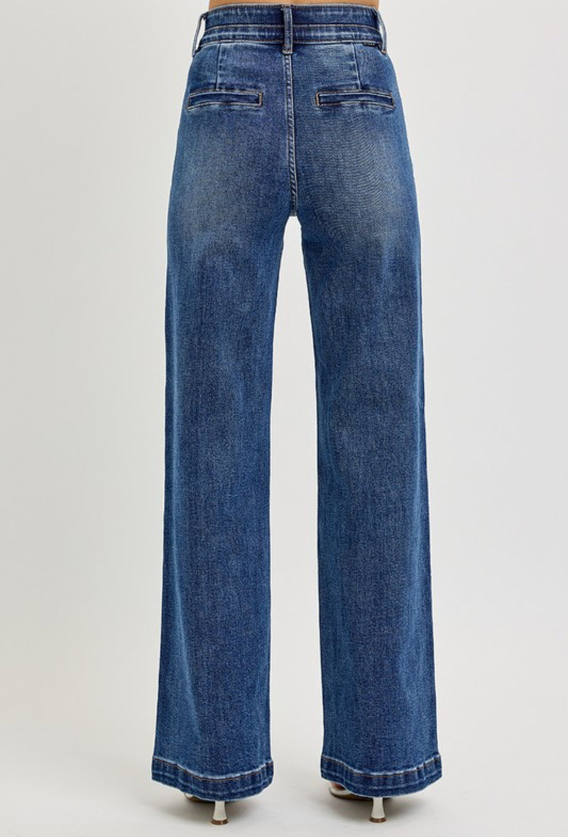 Risen Double Button Wide Leg Jeans