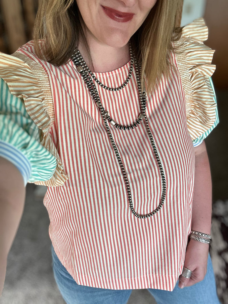 Colorblock Stripe Ruffle Detail Top