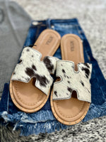 Daleena Black/White Cowhide Sandals