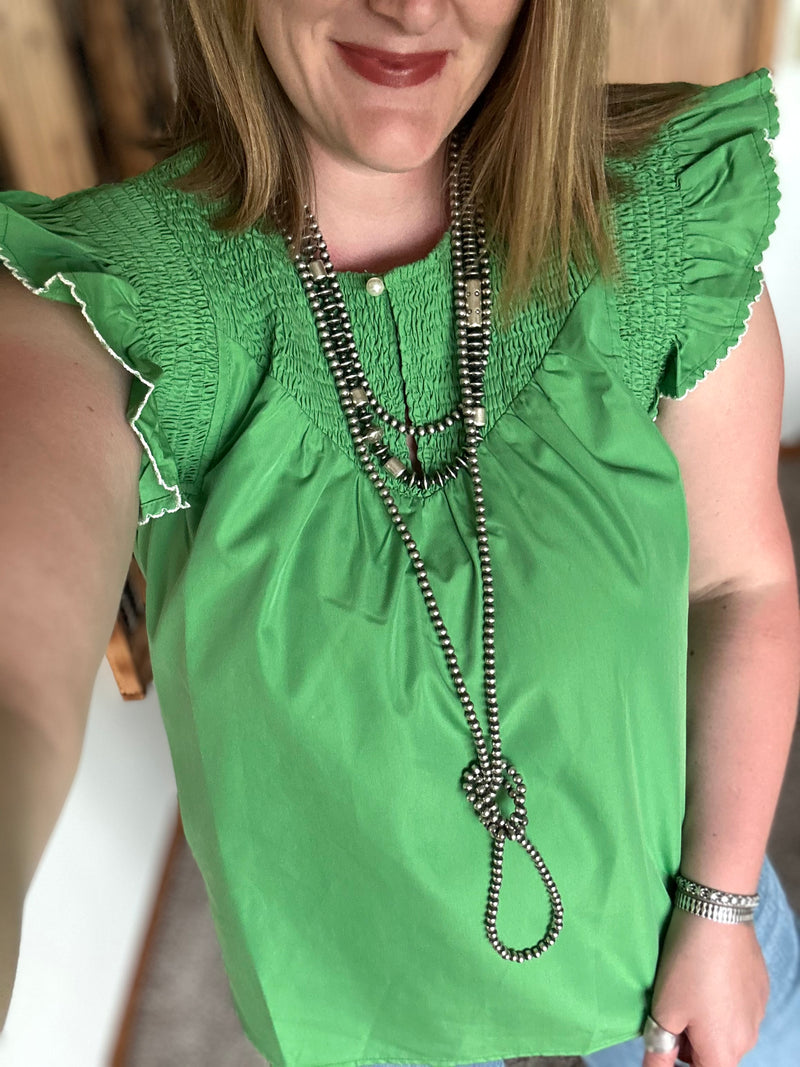 Bright Green Smocked Flutter Sleeve Top