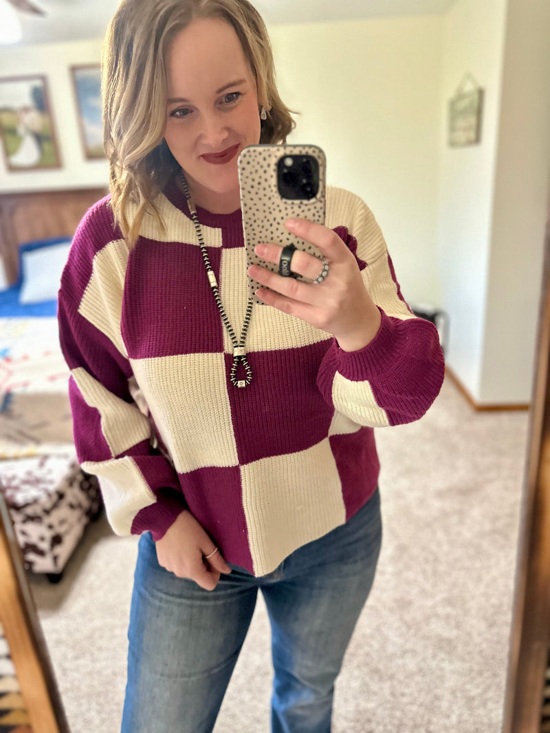 Oversized Checker Sweater - Magenta