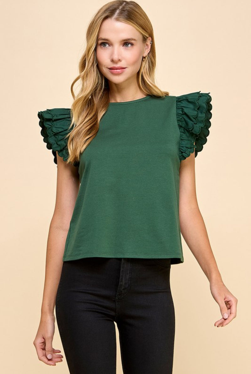 Scalloped Sleeve Top - Hunter Green
