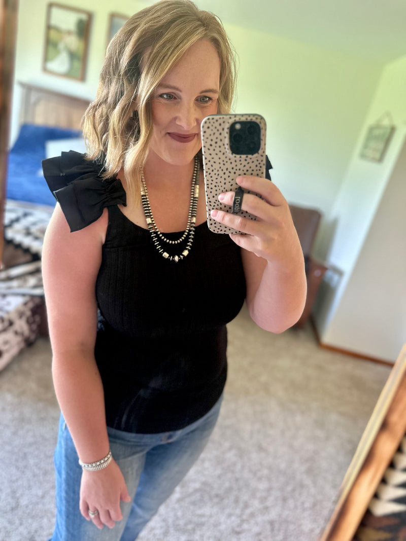 Black Ribbed Ruffled Shoulder Tank