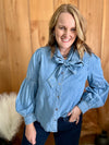 Denim Balloon Sleeve Bow Tie Top