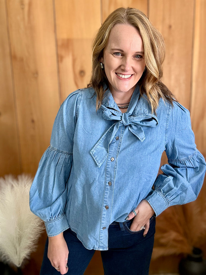 Denim Balloon Sleeve Bow Tie Top