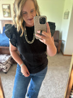 Black Pleather Ruffle Shoulder Top