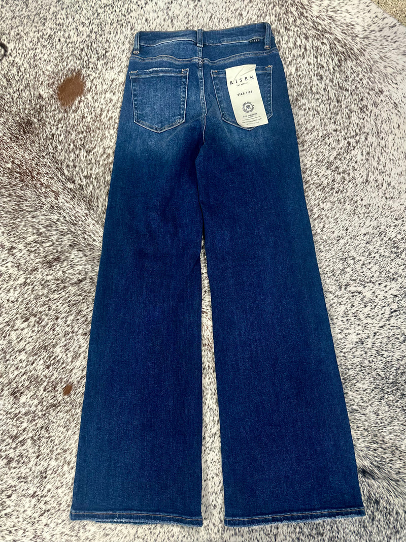 Risen Distressed Wide Leg Jeans