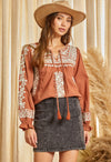 Rust Embroidered Split Neck Top