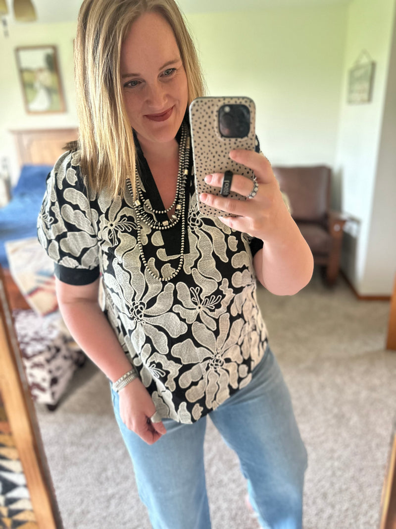 Black Floral Embroidered Puff Sleeve Top