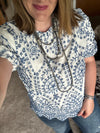 Blue Embroidered Scalloped Hem Top