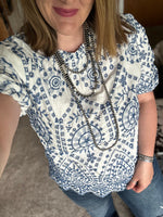 Blue Embroidered Scalloped Hem Top