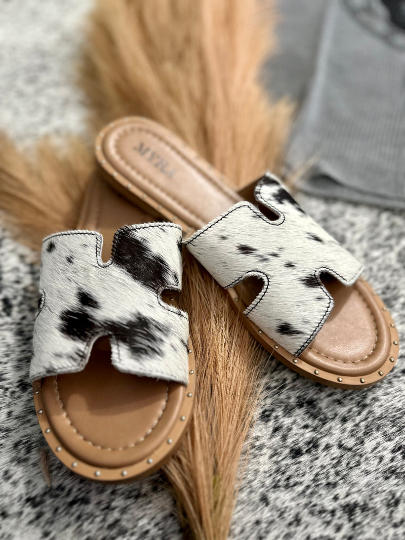 Daleena Black/White Cowhide Sandals