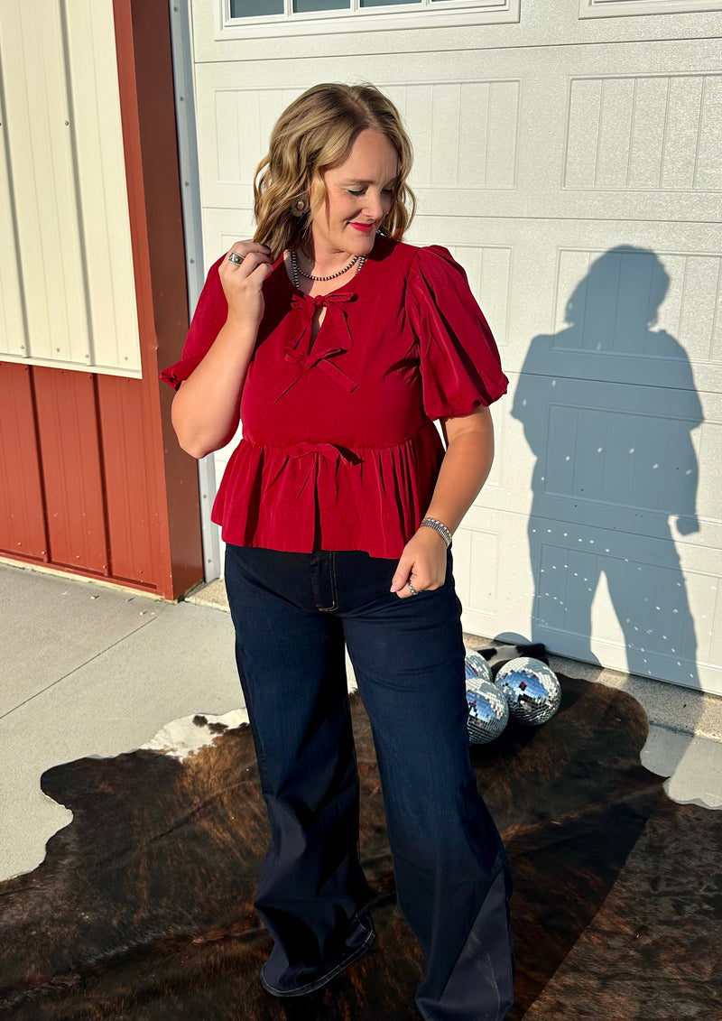 Peplum Bow Top - Burgundy