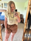 Leather Pleated Shorts with Belt - Camel