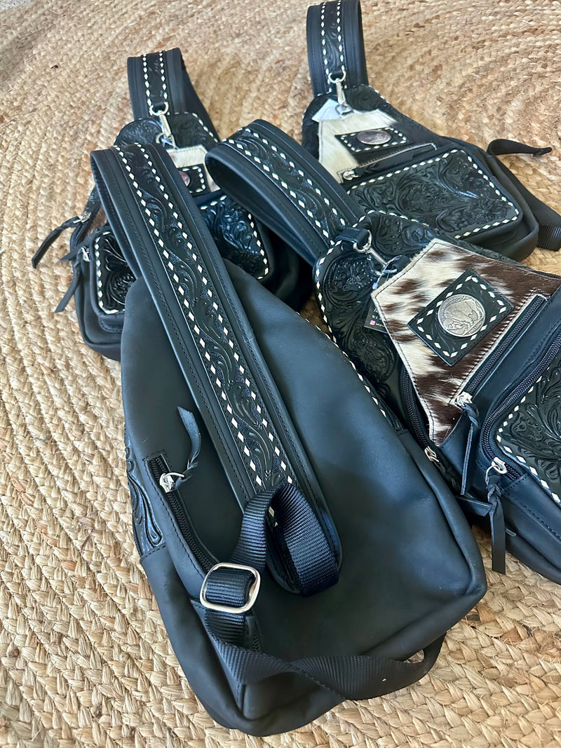 Black Tooled Leather / Cowhide Sling Bag
