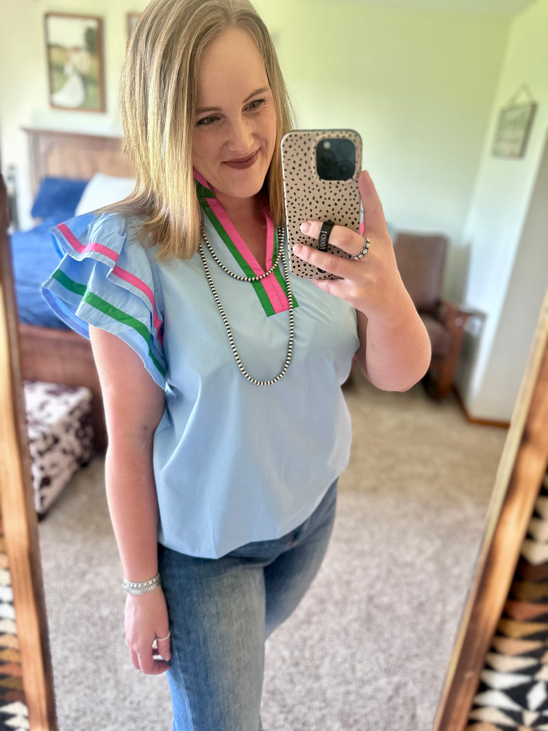Multi Color Flutter Sleeve Top - Light Blue