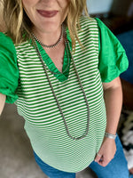 Striped Puff Sleeve Top - Green