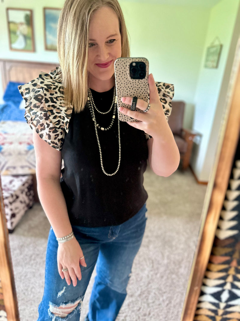 Black Ribbed Leopard Shoulder Top