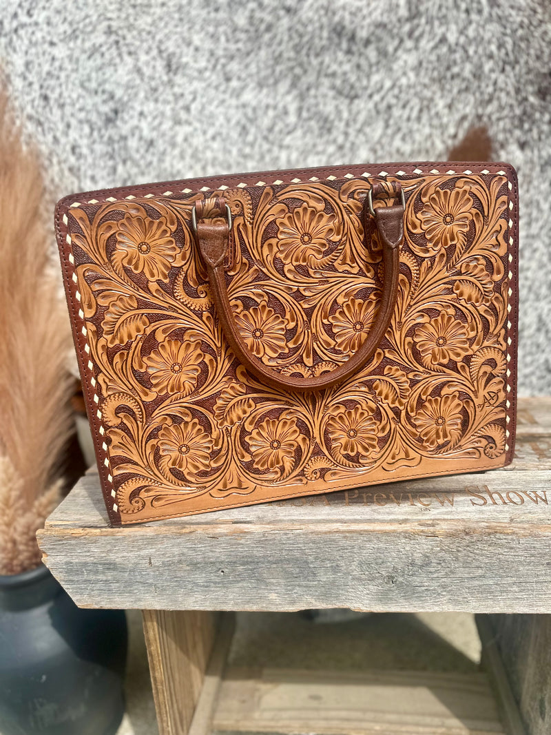 White Sttch Tooled Leather Tote