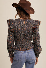 Paisley Smocked Peplum Top - Black