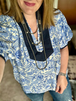 Blue Floral Print Puff Sleeve Top
