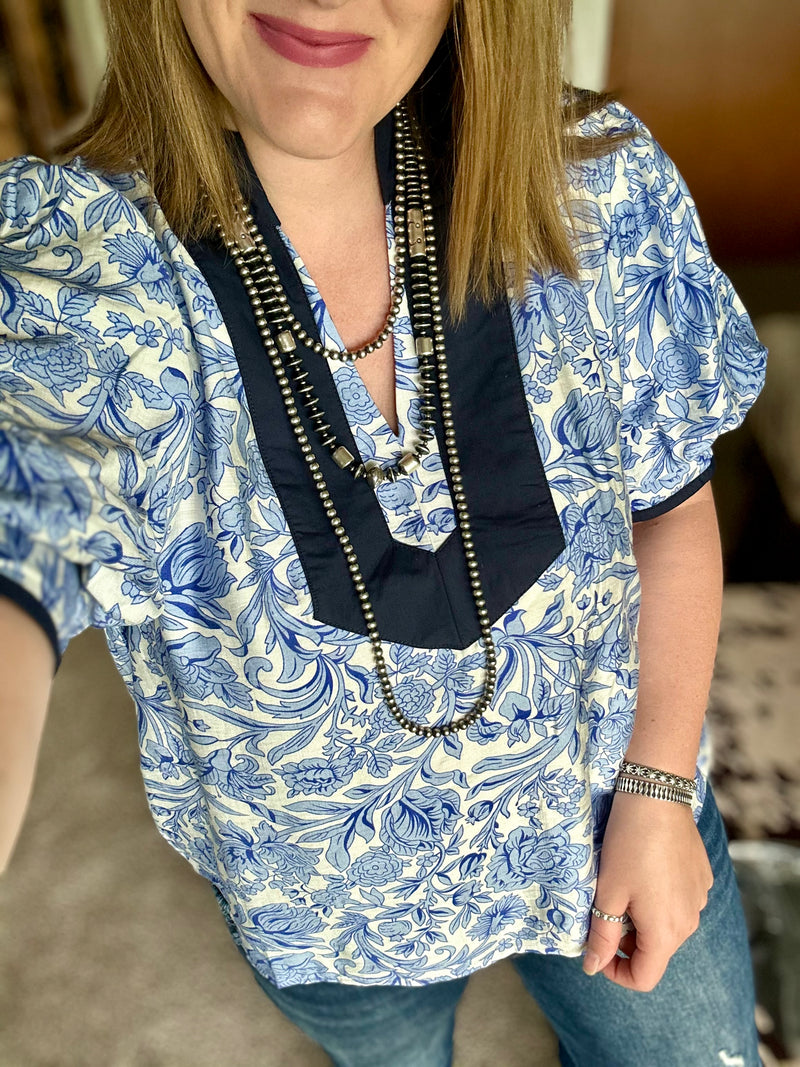 Blue Floral Print Puff Sleeve Top