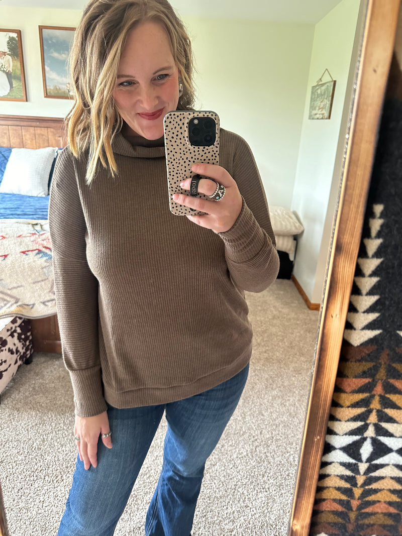 Mocha Mock Neck Ribbed Top