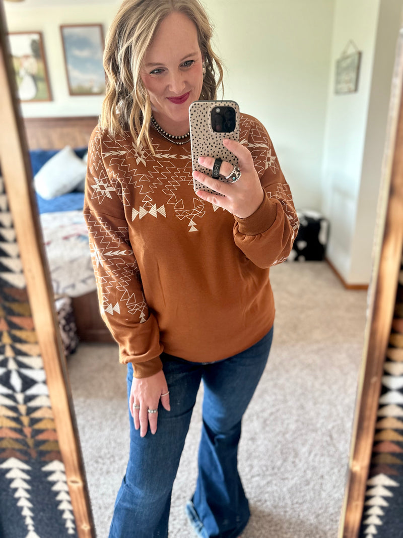 Brown Aztec Embroidered Sweatshirt