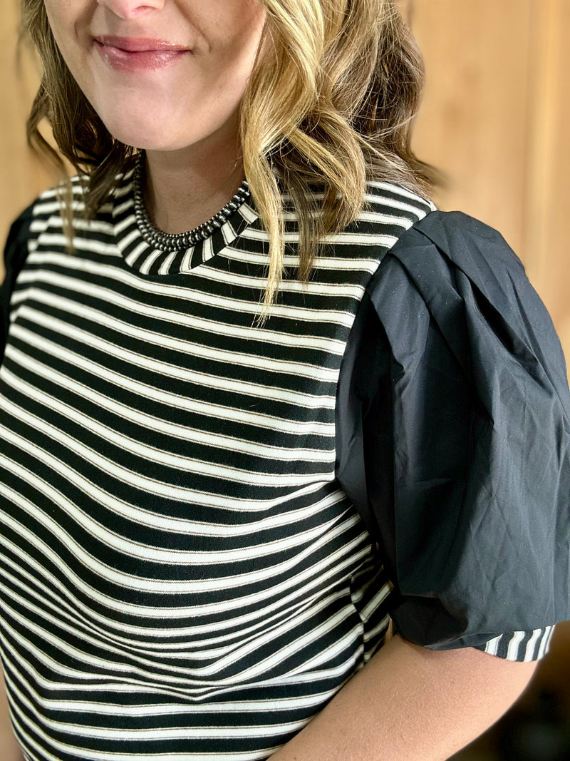 Black Puffed Sleeve Stripe Top