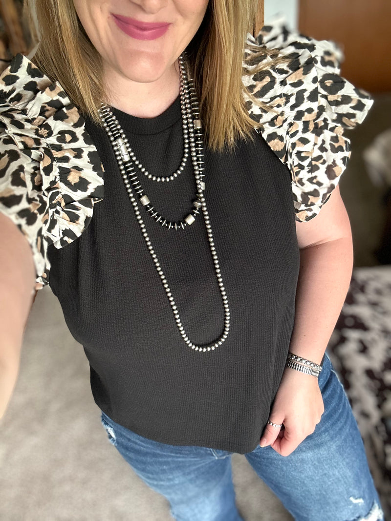 Black Ribbed Leopard Shoulder Top
