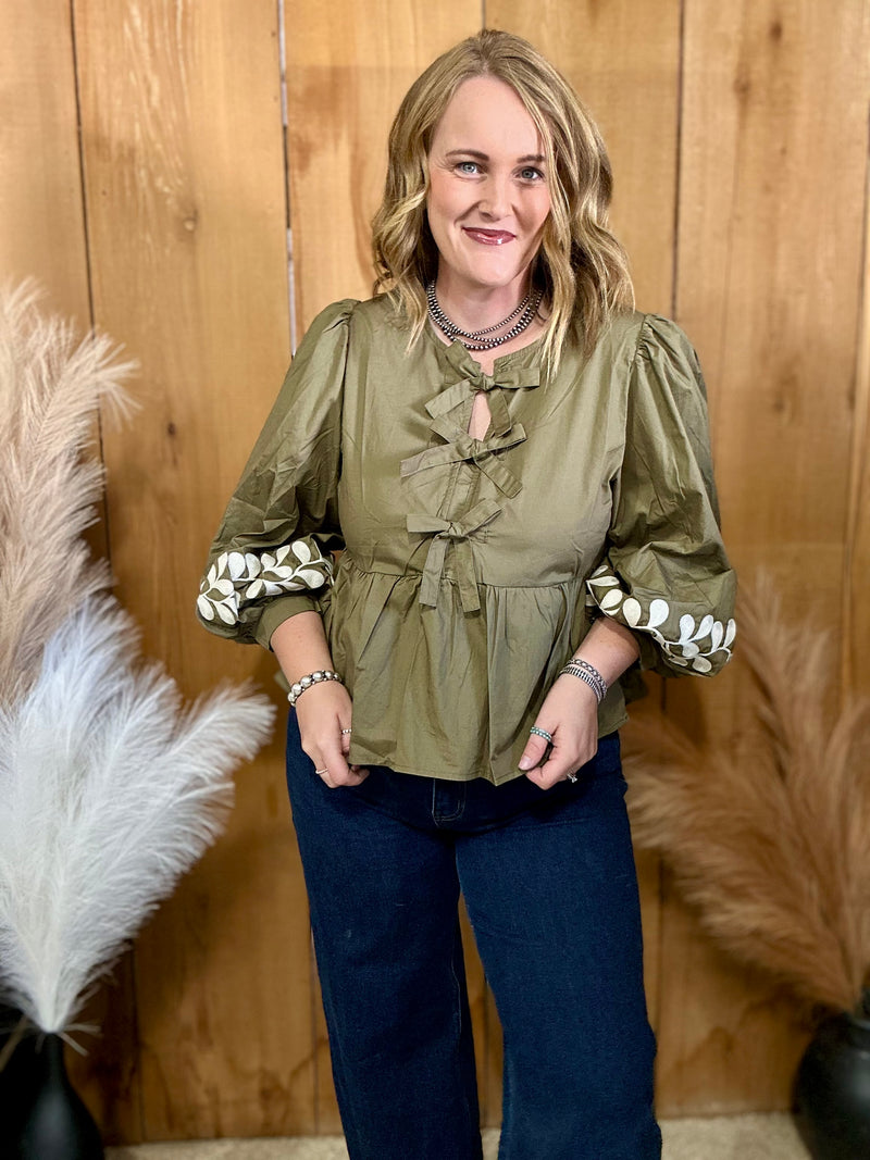 Olive Embroidered Sleeves Bow Tie Top