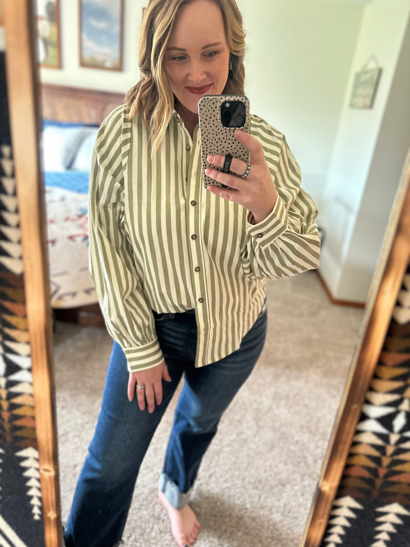 Olive Stripe Button Down Balloon Sleeve Top